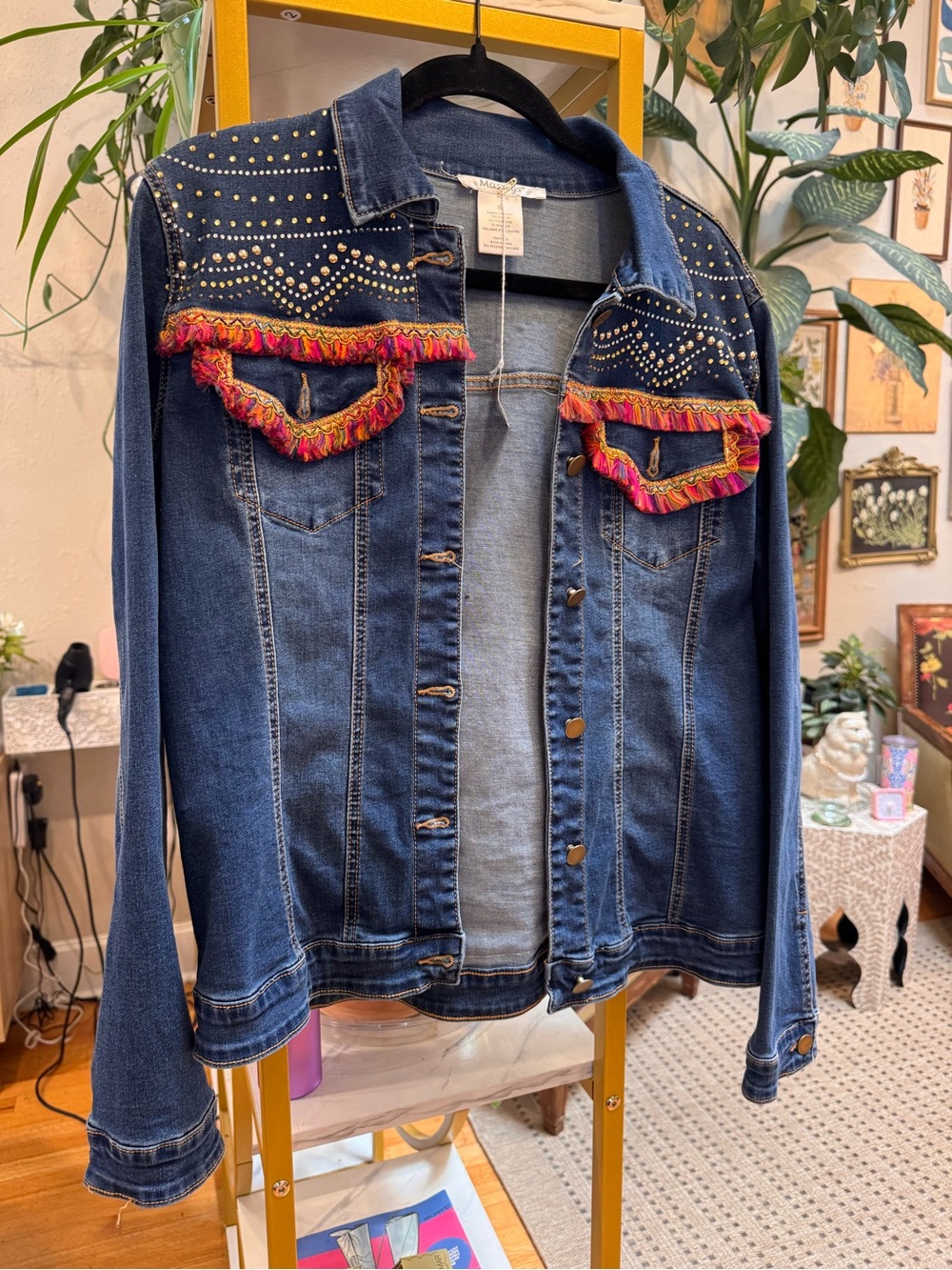 Dark Blue Denim Jacket with Pink Fringe Accent
